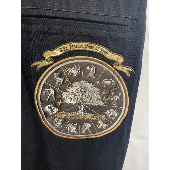 Vintage Raw Blue Jeans Black Denim Baggy Y2K Zodiac Grunge Rap Embroidered 34/34 - Picture 3 of 9
